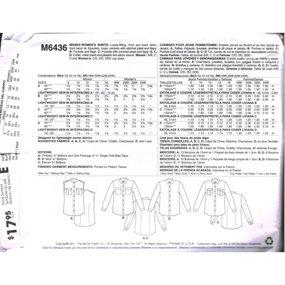 McCalls M6436 Sewing Pattern Misses Womens Shirts Plus Size 8-16 B5 Easy CUT